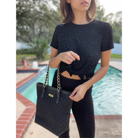 Gucci GG Monogram Black Tote Bag w/Chunky Chain Handles